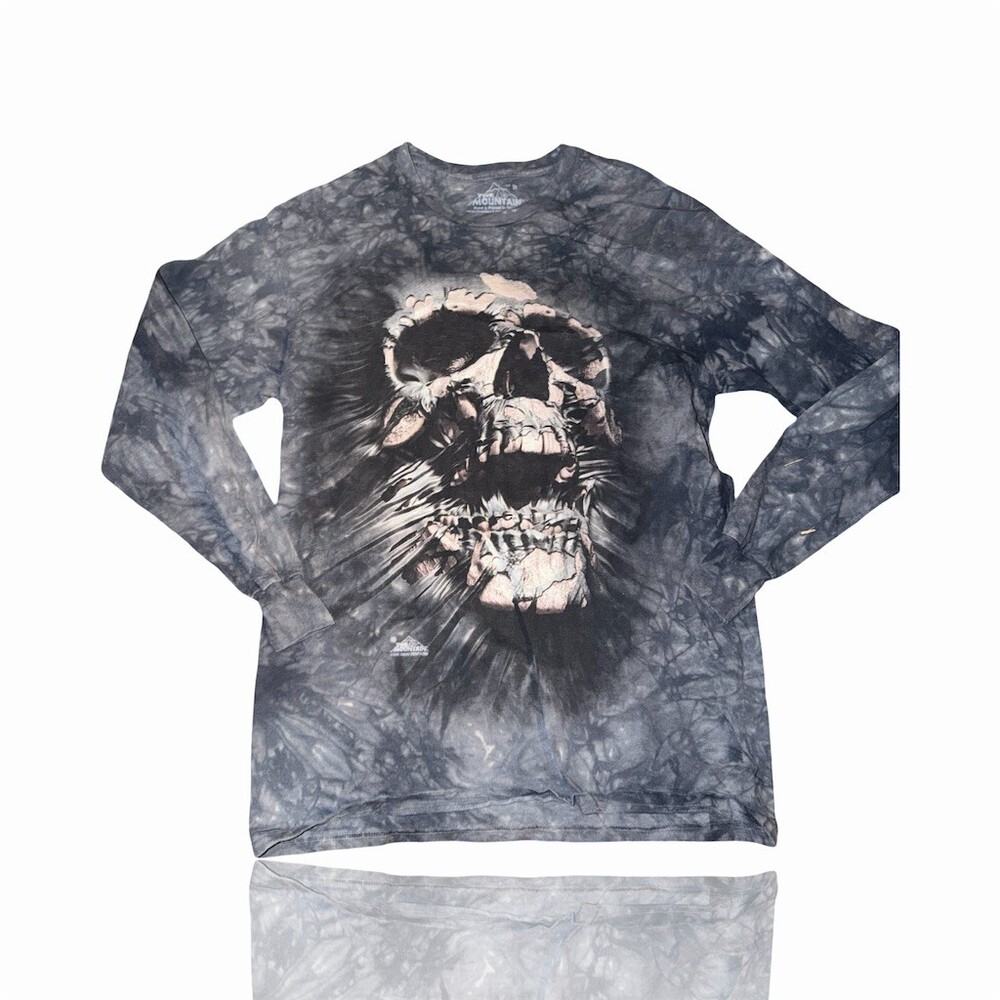 The Mountain T-Shirt Men's Size MED Gray Tie-Dye Skull Graphic Long Sleeve